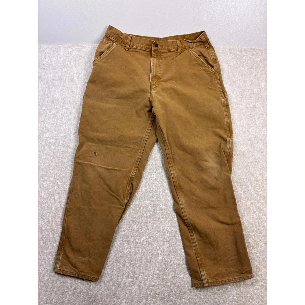 Carhartt B111 BRN Mens 36x30 Flannel Lined Duck Canvas Work Pants Brown Plaid